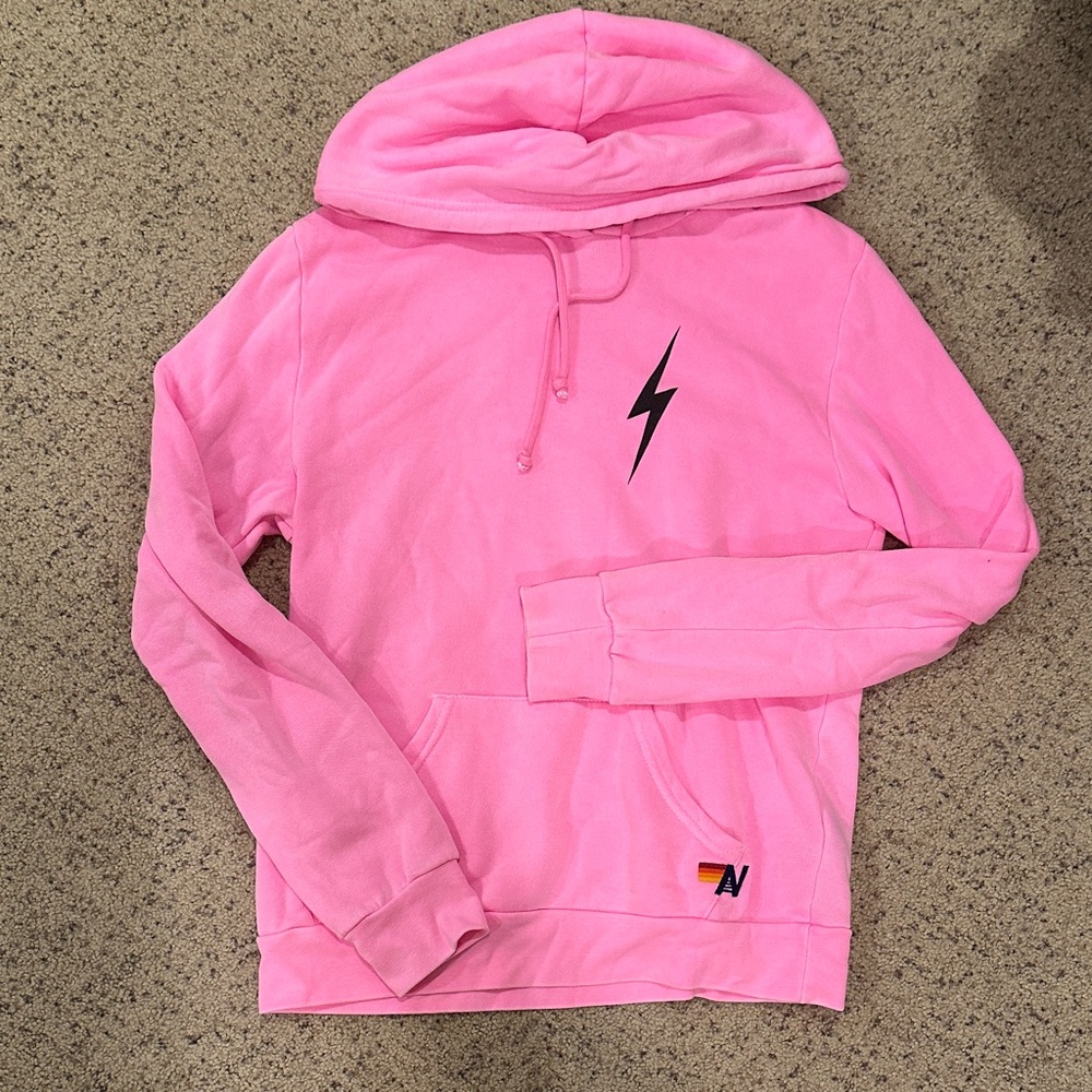 Aviator Nation Pink Hoodie with Black Lightning Bolt